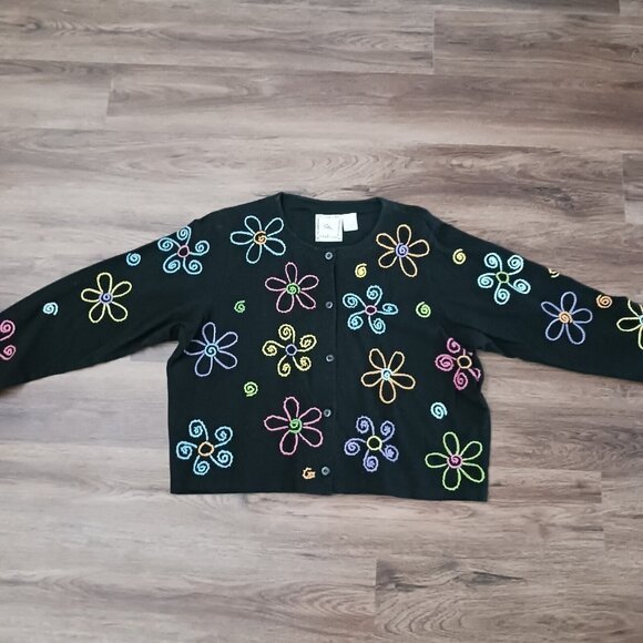 Michael Simon Lite Cardigan Floral Embroidered Black Women's Large Top - Picture 2 of 4
